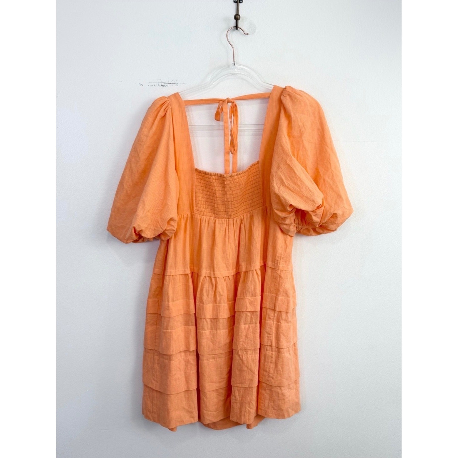 Anthropologie Peach Puff Sleeve Square Neck Tiered Mini Dress Size M