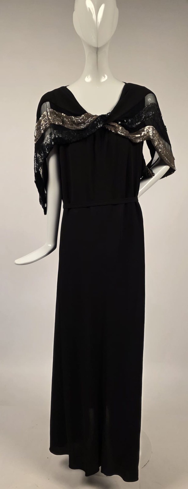 1930’S BLACK CREPE LONG DRESS W SQUARE SEQUIN CHIFFON DRAPED TOP