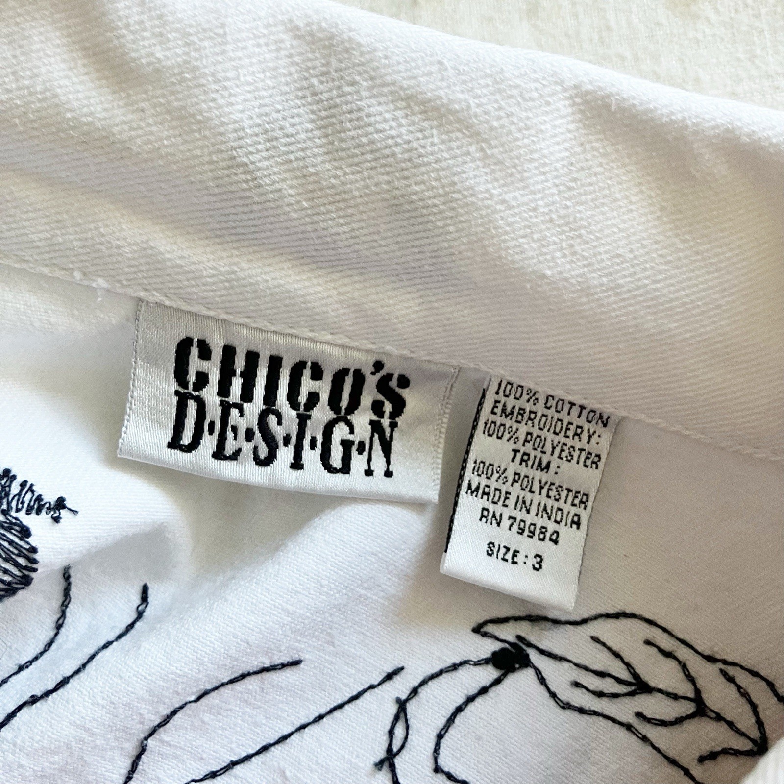 VTG Chicos Design Embroidered Jean Jacket Sz 3 / XL 16 White Denim Black Y2K