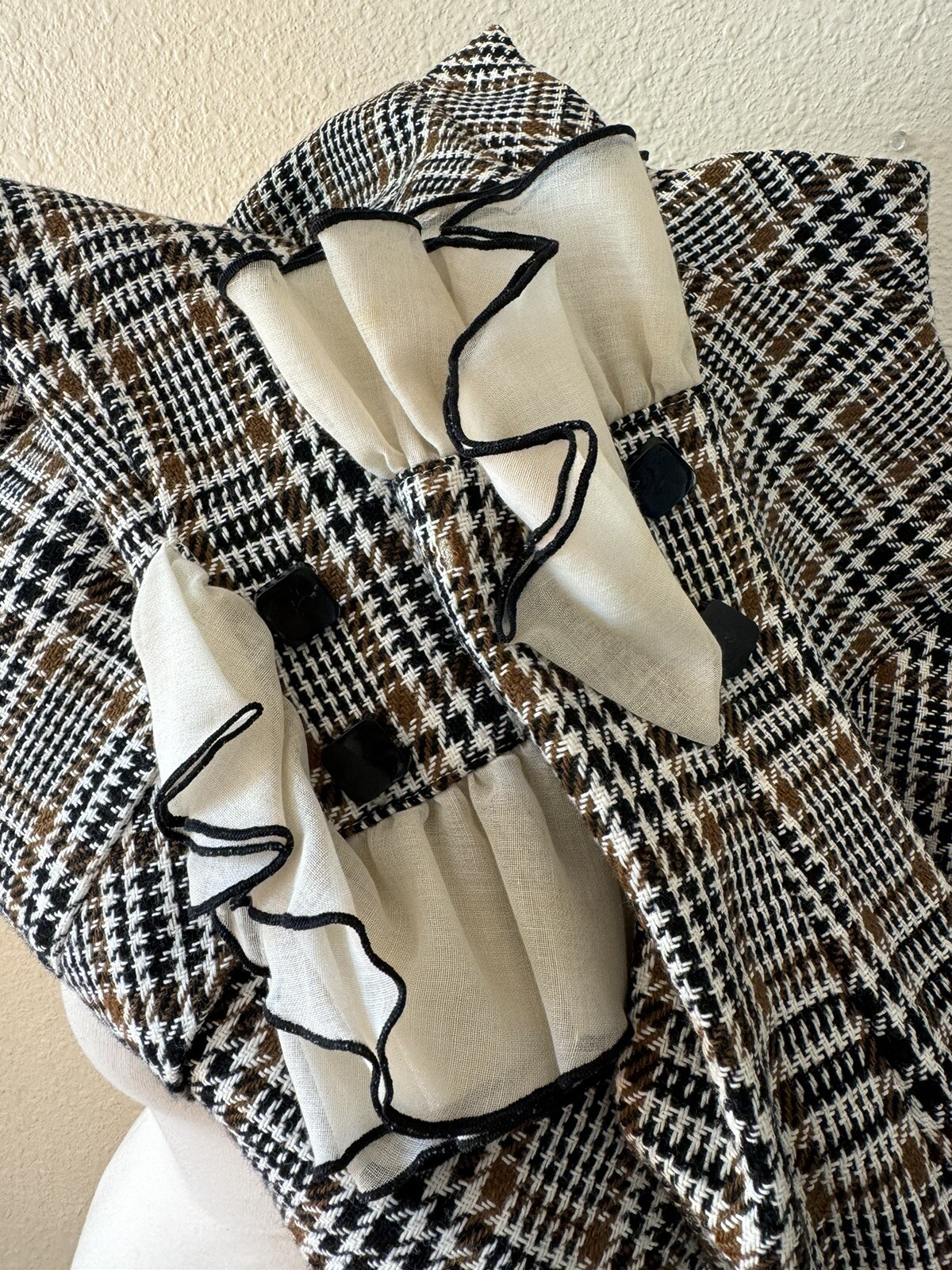 Vtg Mod Saks Fifth Avenue Brown Black Wool Tweed Plaid Dress Mandarin Collar M
