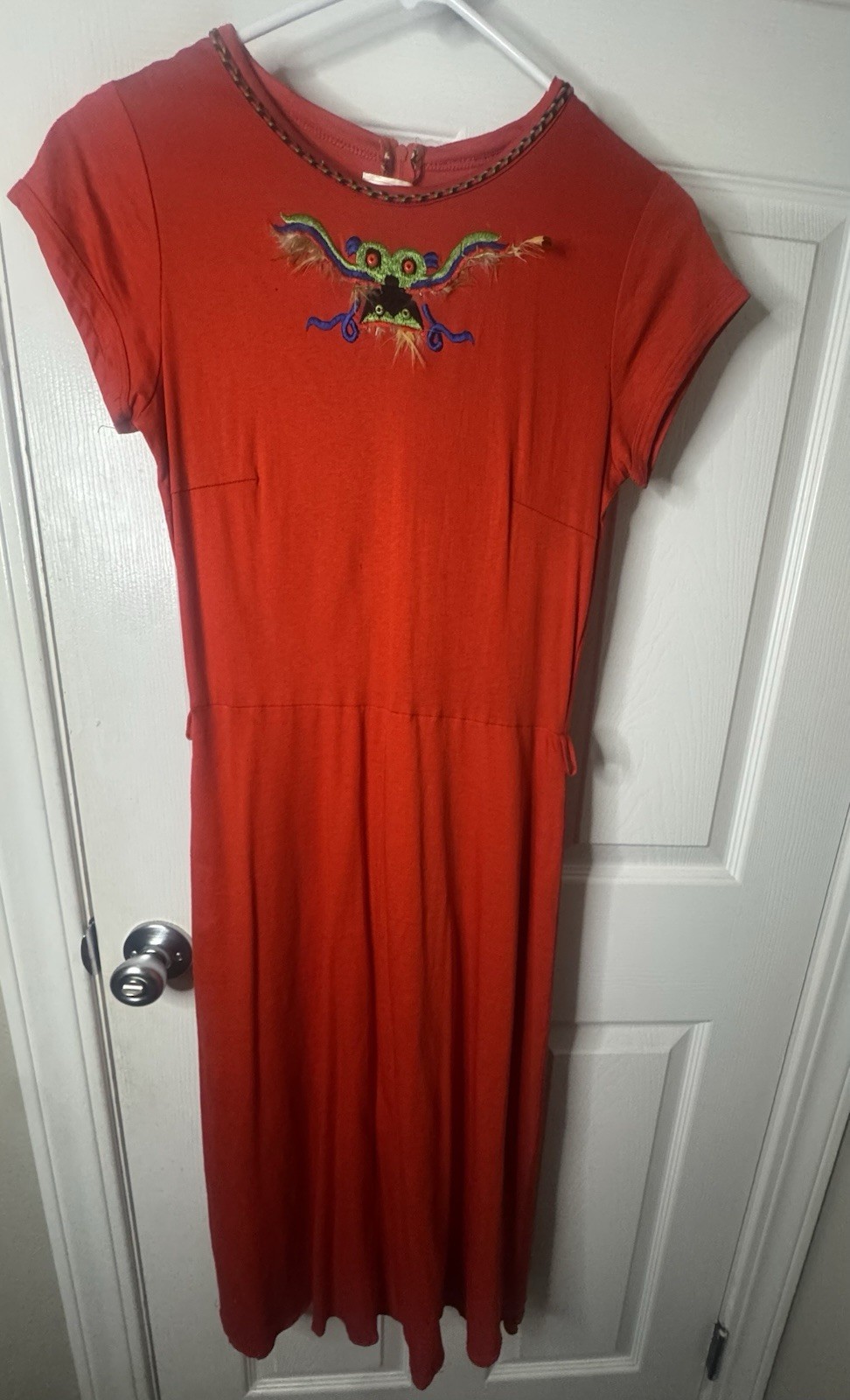 Vintage Baclay Red Dress Embroidered Feather Detail Midi Boho Folk Unique