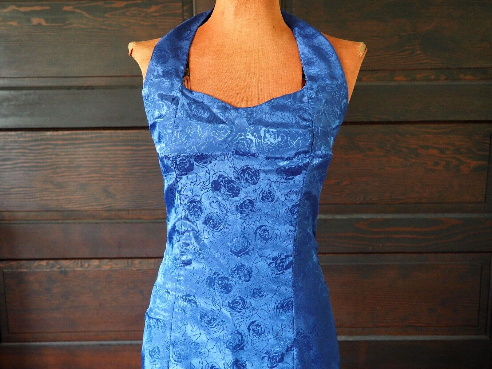 VTG 60s 70s Royal Blue Rose Sweetheart Halter Cocktail Party Formal Dress Sz S
