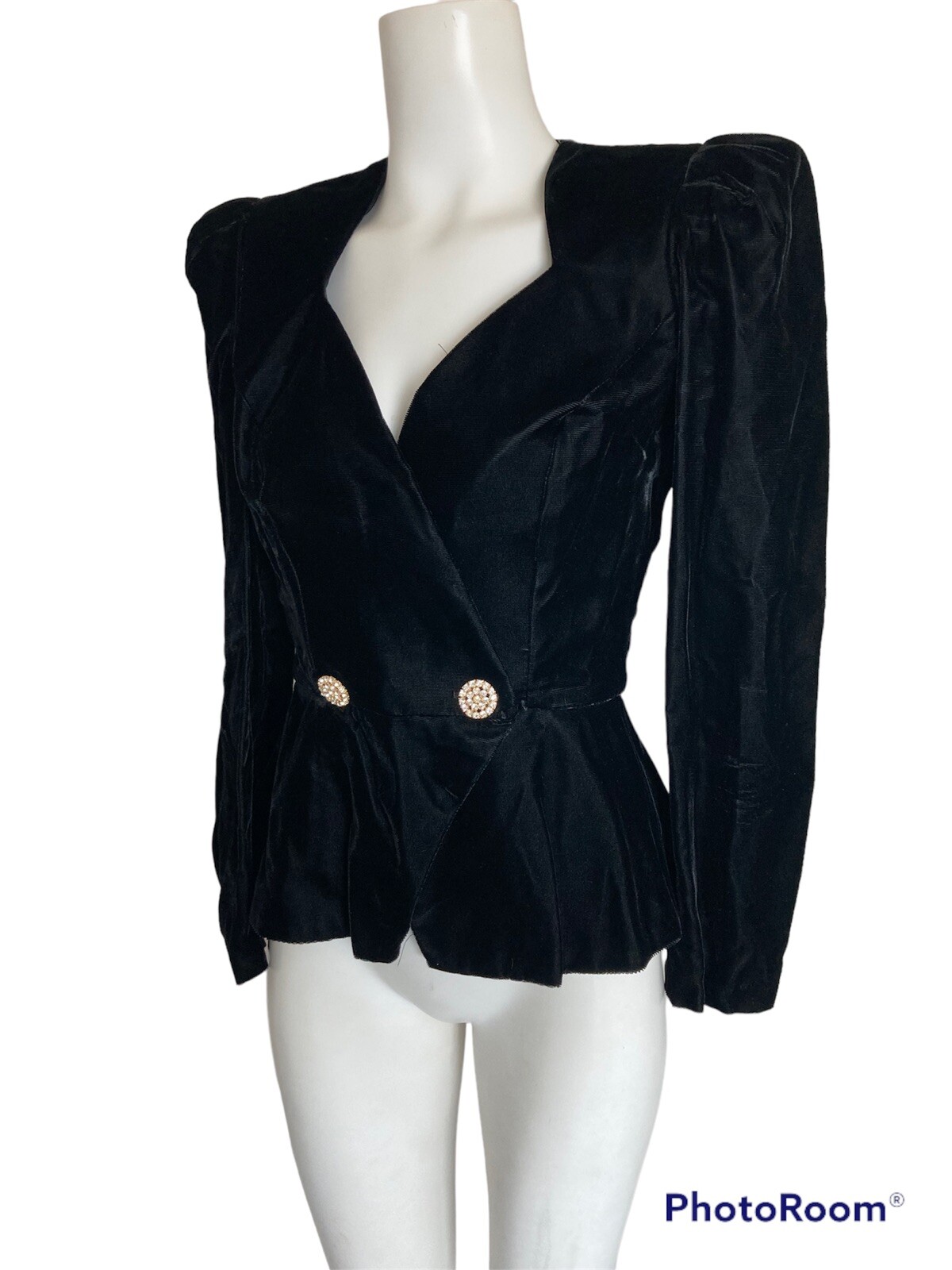 Vintage 80’s Black Velvet Mutton Sleeve Peplum Blazer Rhinestones Bow Sz S 4-6