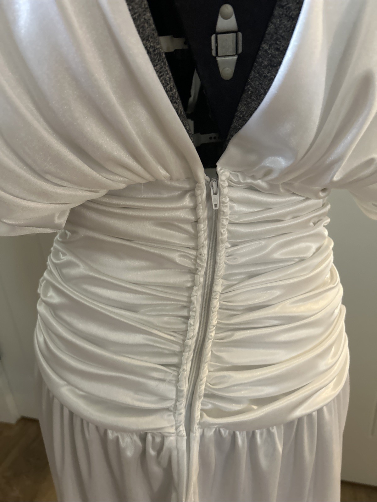 Vintage 1980’s Body Con Silky White Dress Size 13-14 Shoulder Pads