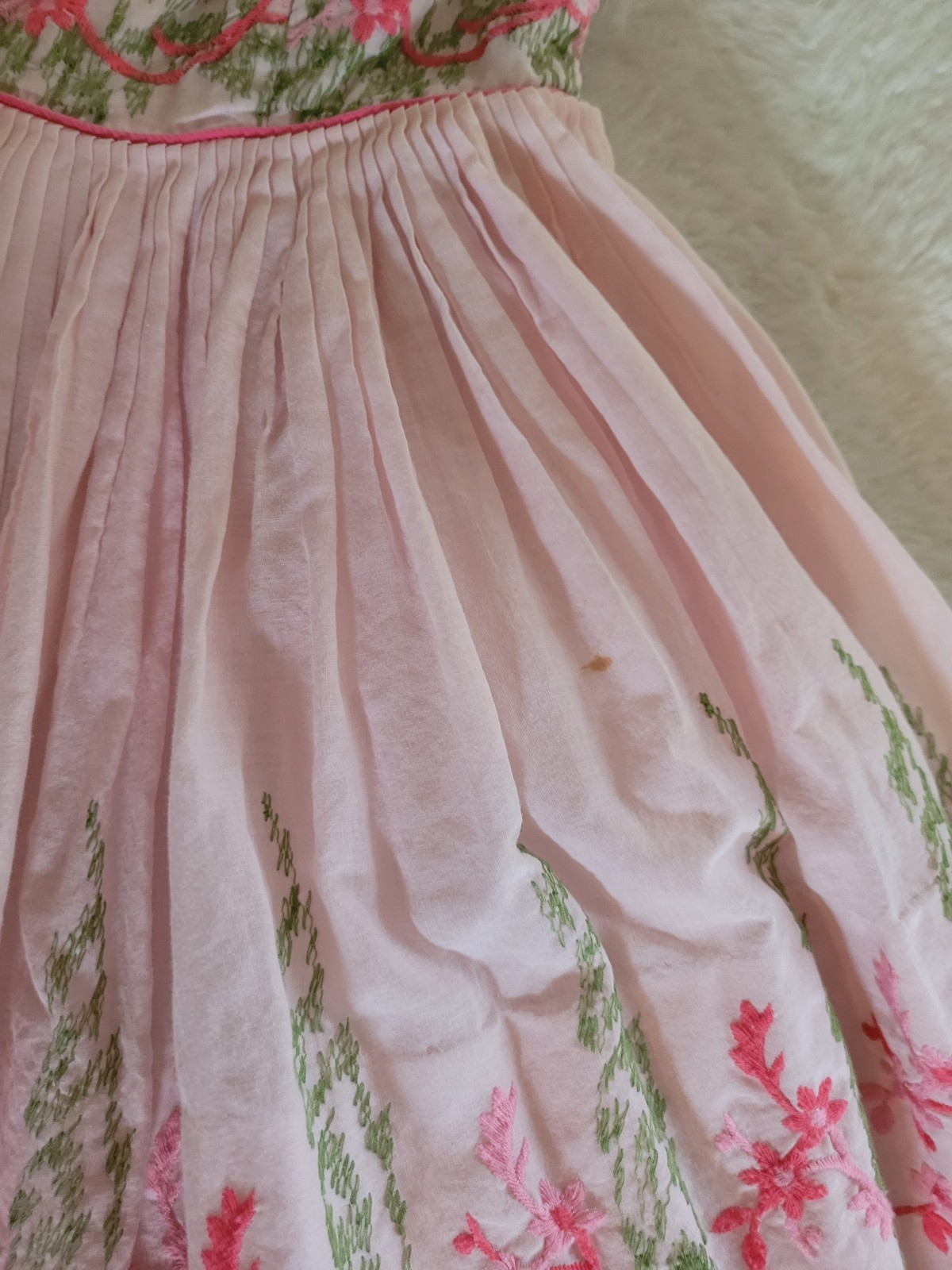 Vintage Handmade Pink Floral Embroidery Dress