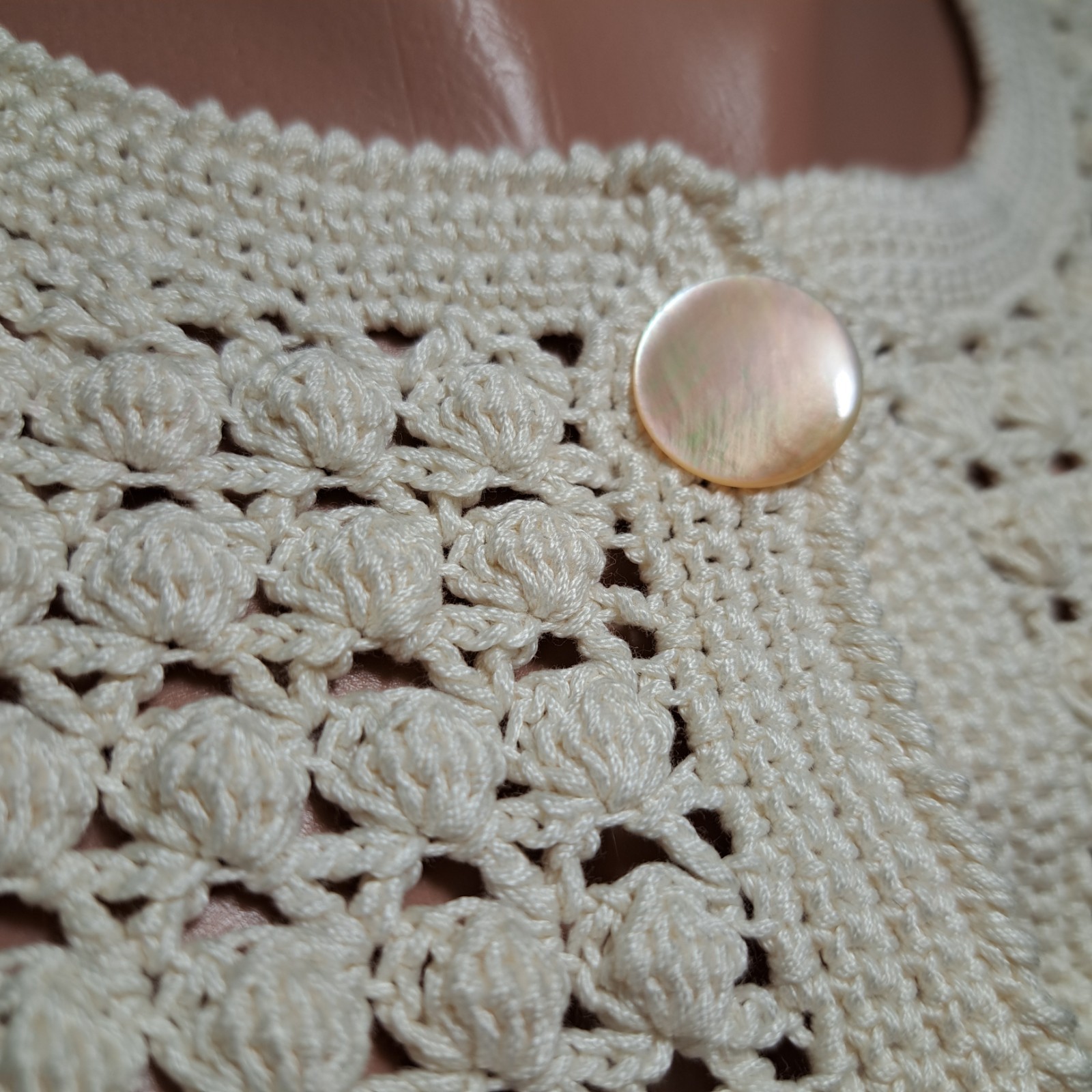 Vintage 80s 90s Handmade Crochet Cardigan Ivory MOP Buttons Ukrainian Handcraft