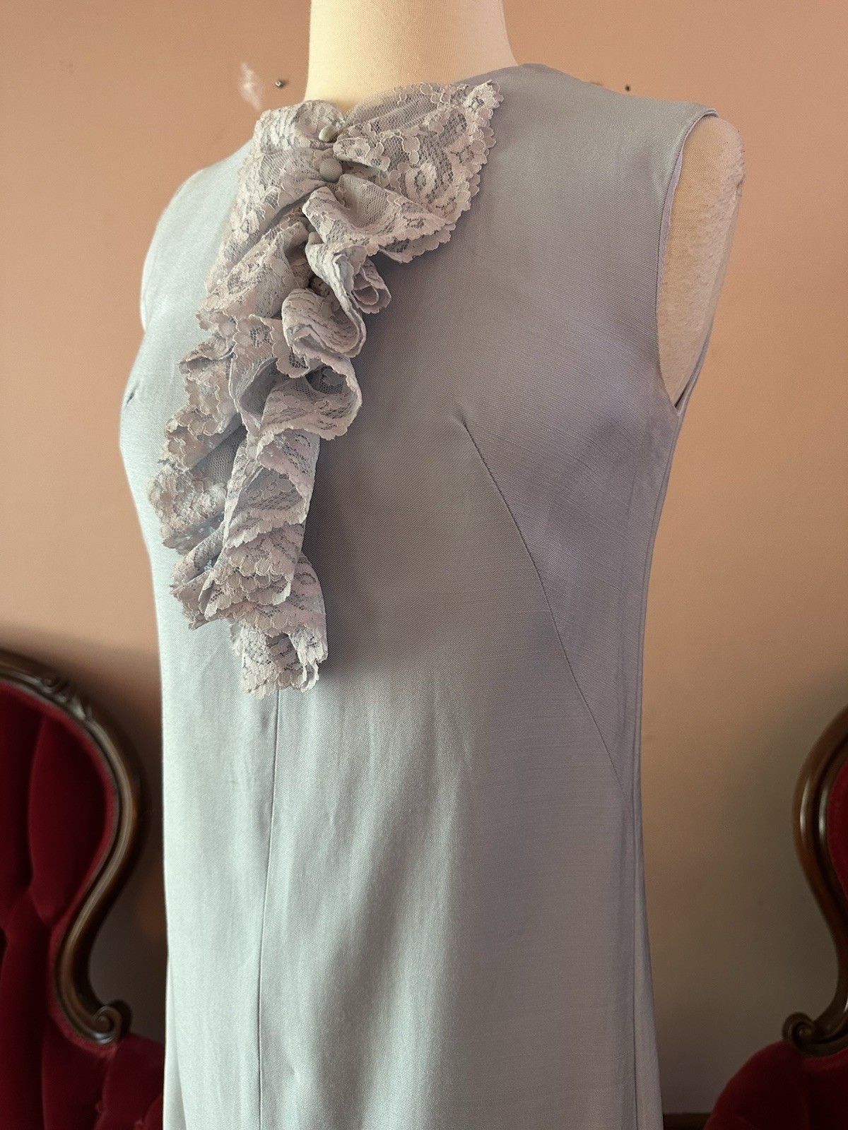 Vintage 60s Baby Blue Lace Ruffled Jabot Shift Mini Dress Silk Linen XS S