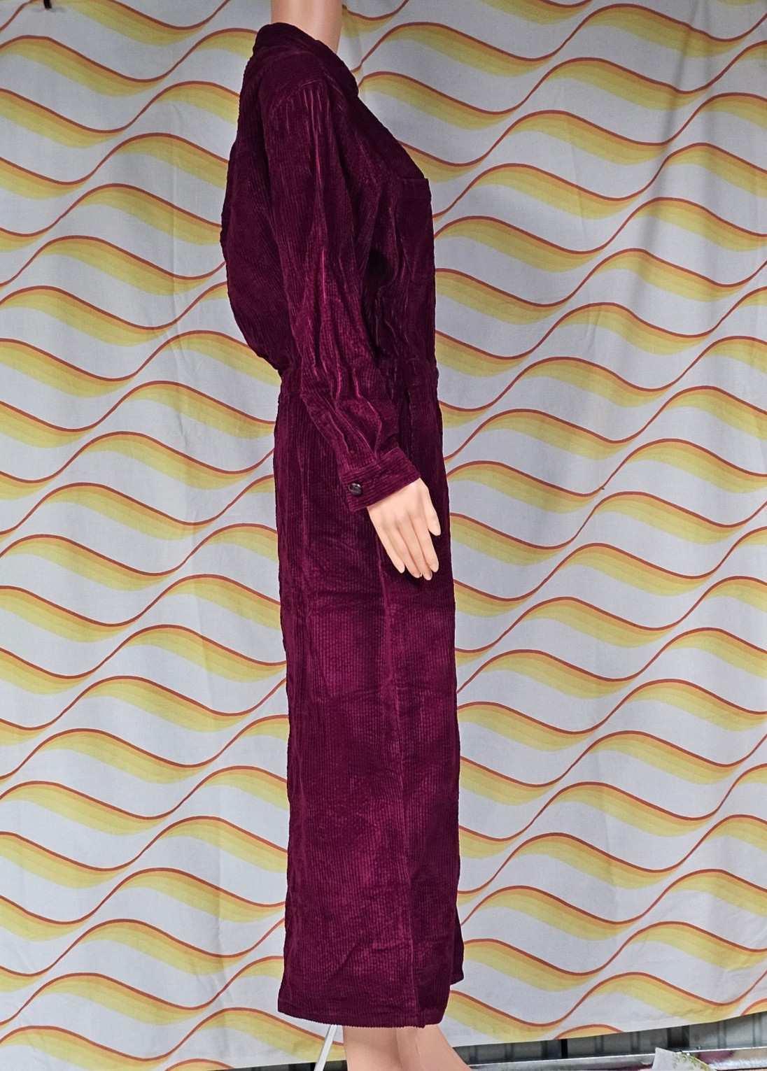 Vintage Fads Wine Red 100% Cotton Corduroy Long Sleeve Maxi Dress Prairie Modest