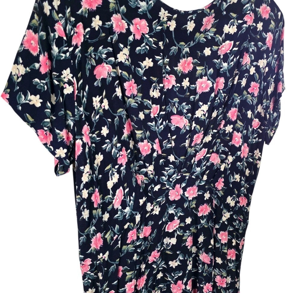 *Flawed* 80s Vintage Cottagecore Navy Pink Floral Rayon Maxi Dress ED Michaels