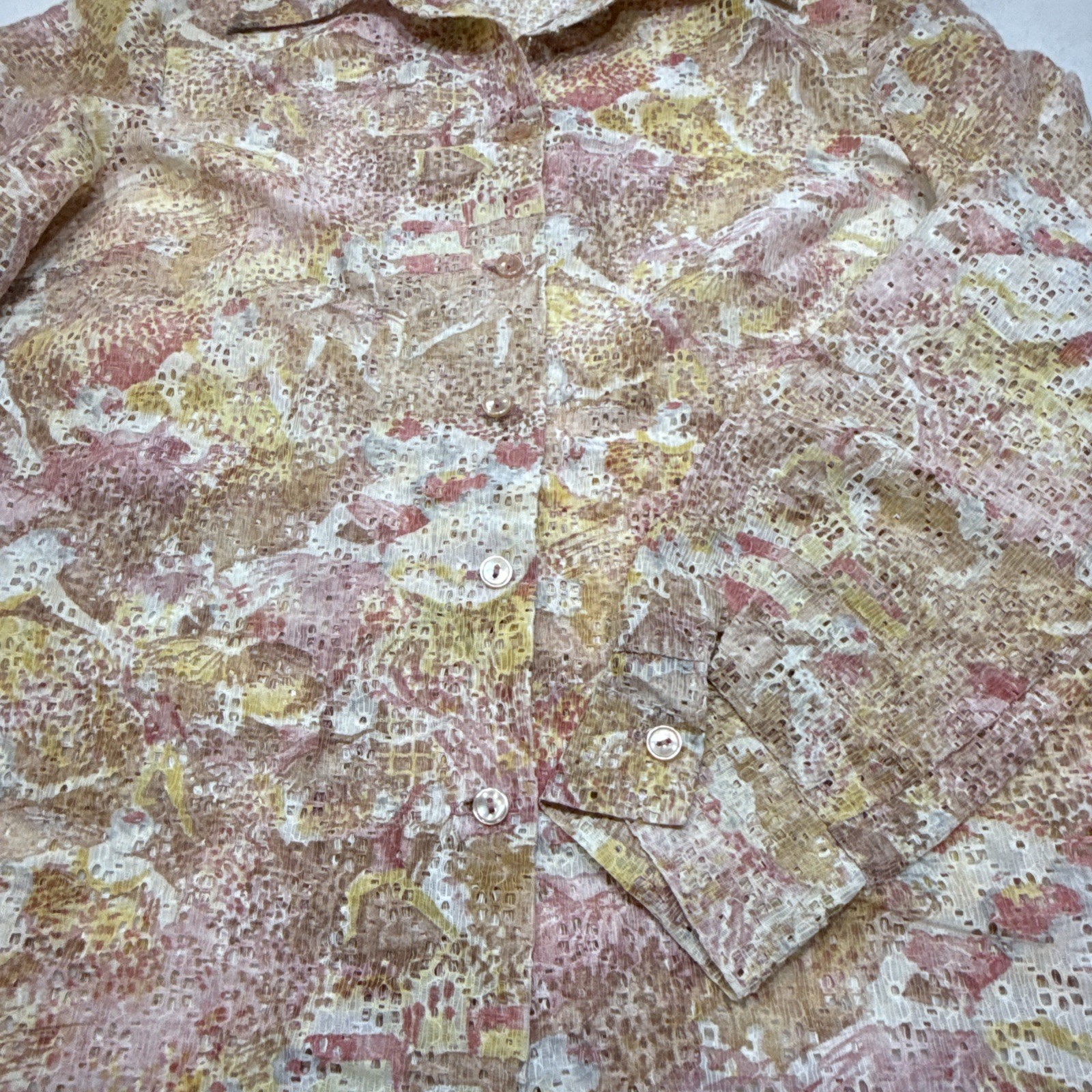 Vintage Betty Miller Floral Lace Overlay Button Front Blouse Pink Medium