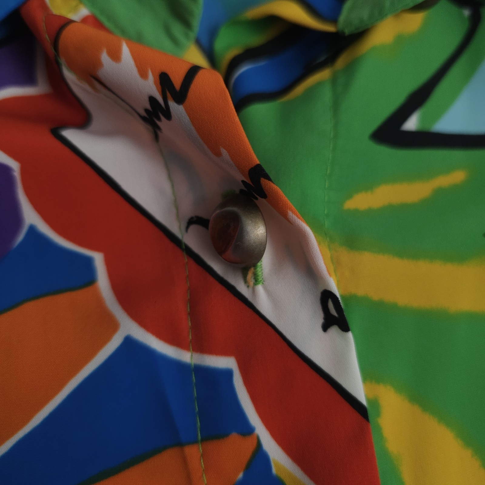 Vtg Bold Colorful Blouse 1980s Travel Novelty Print USA Med Lrg Big Button Silky