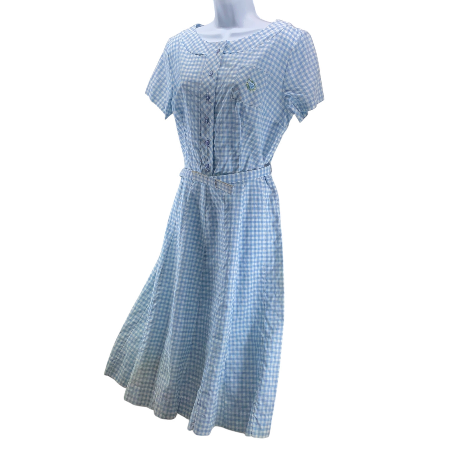 Montgomery Ward Vintage Shirtwaist Dress Size 20.5 Blue White Gingham Bow Belt