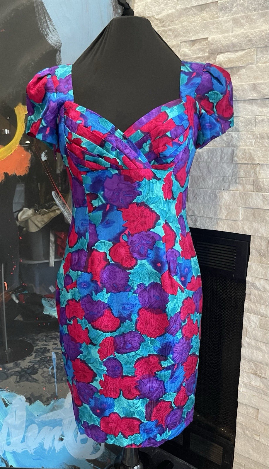 Vintage 80s Gillian Floral Silk Dress Sweetheart Neck line Lined Size 10 Glamour