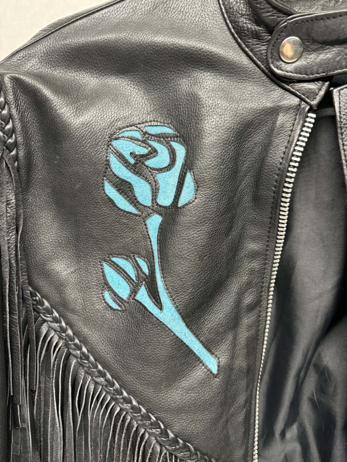 Vintage Black Leather Biker Jacket Women’s Fringe Turquoise Rose Appliqué