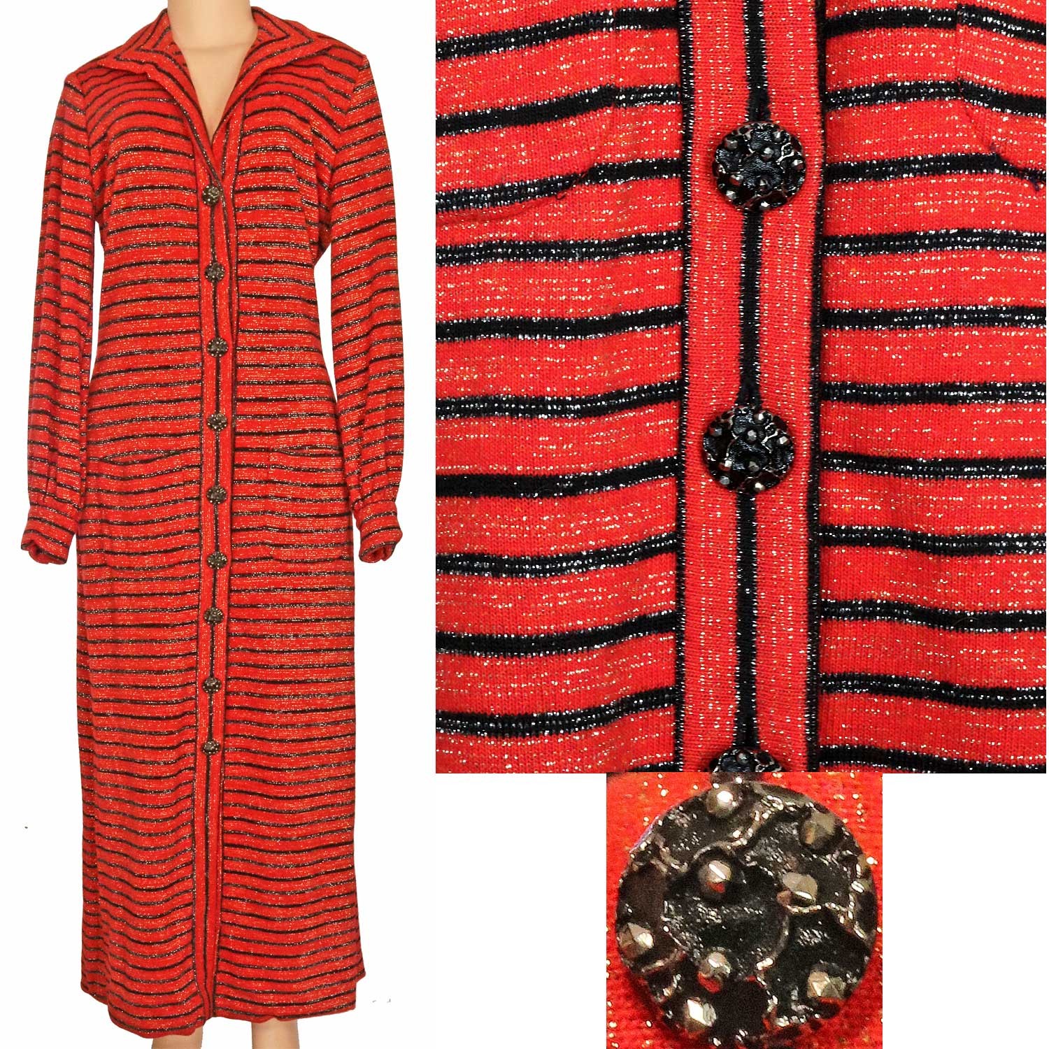 1970s Vintage Red Lurex Maxi Sweater Dress Mod Hostess Gown Robe Glass Button M