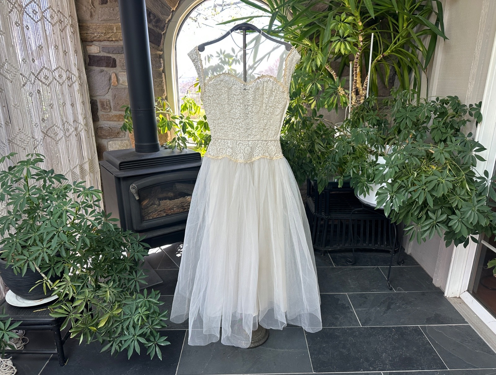 Vintage 1950s White Lace and Tulle Tea Length Wedding Dress Lorrie Deb