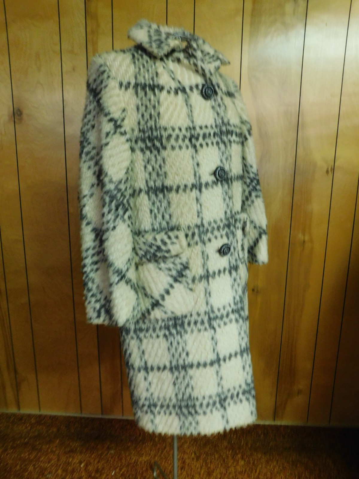 Vintage Mar Del By Rice Cream Gray Plaid Coat 43″ Bust