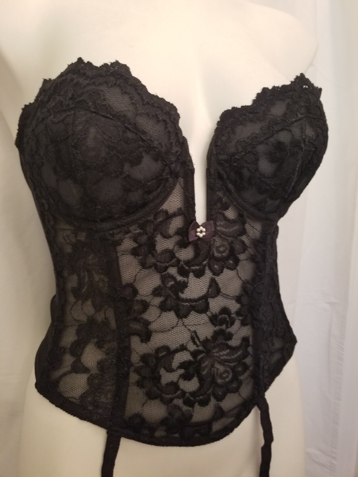 Vintage Frederick’s Of Hollywood Black Lace Wired Corsette Bustier Long Line 36B