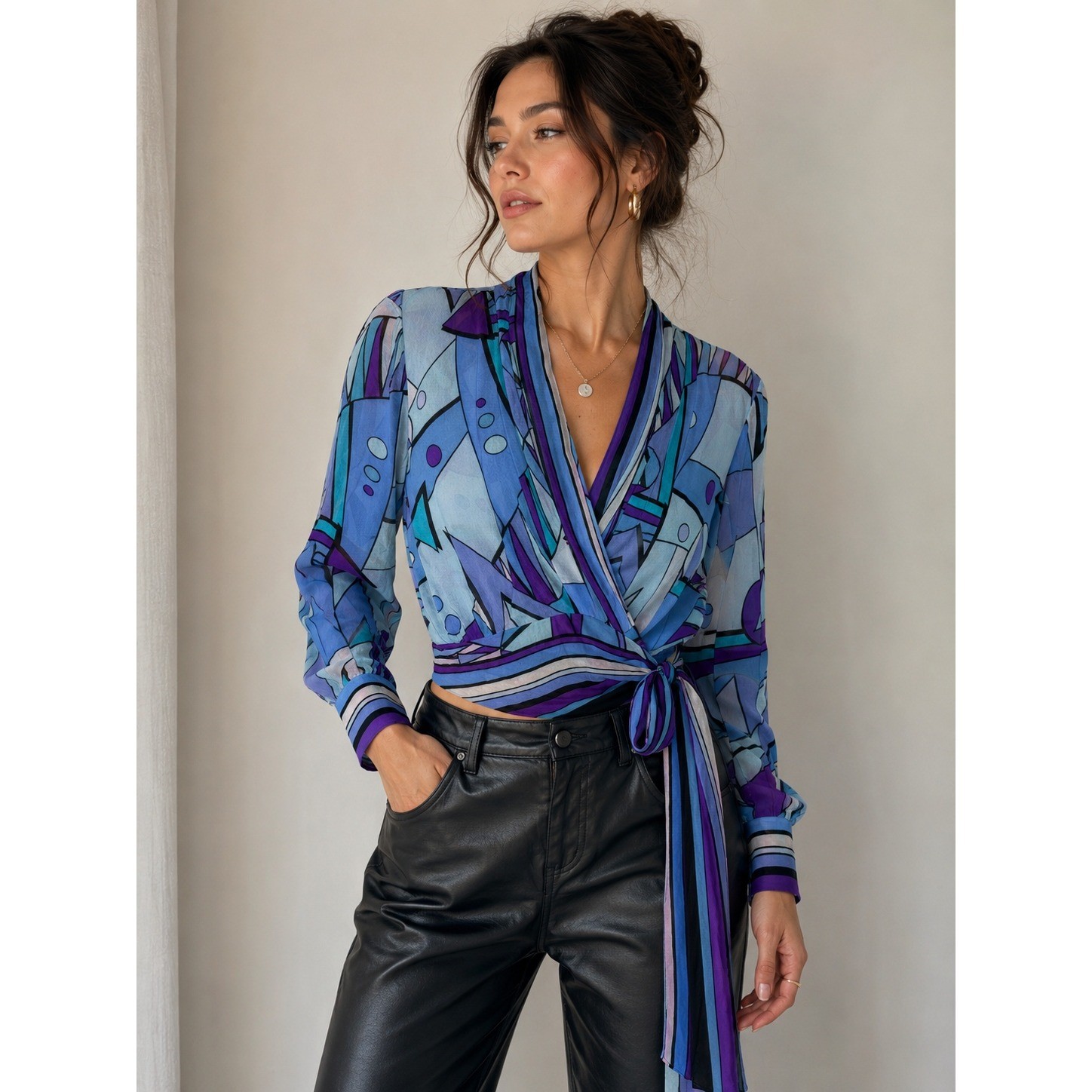 100% Silk Abstract Geometric Wrap Blouse Size 6 Y2K Art Deco