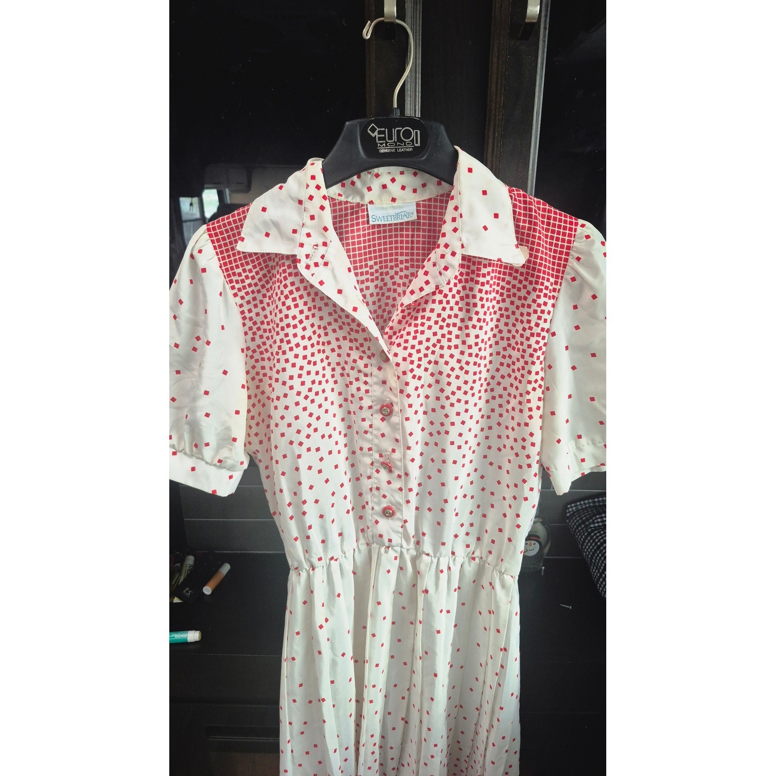 Sweetbriar Vintage Cottagecore Dress Red White Geometric Square Dot Midi 80s 90s