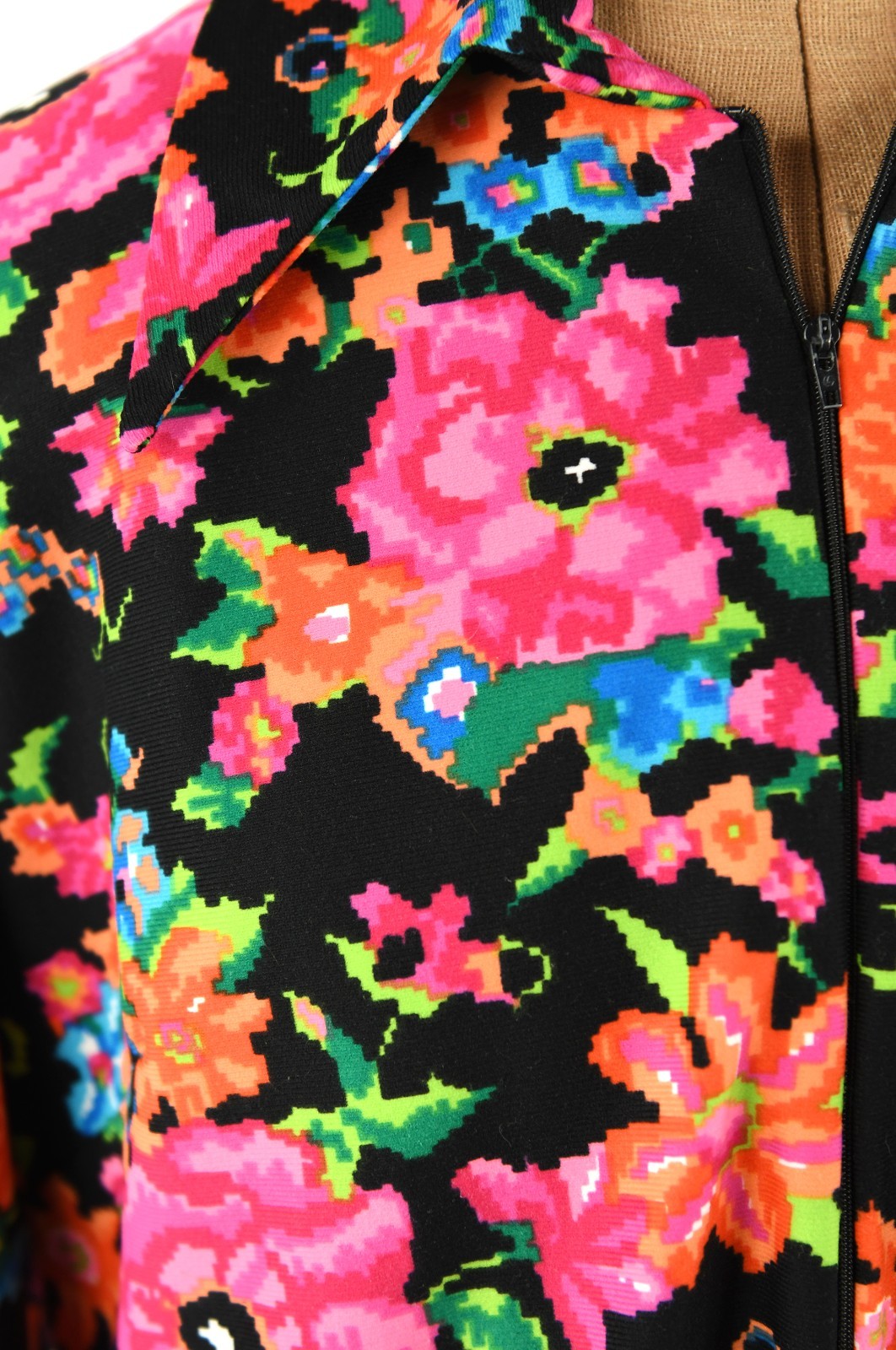 Vintage 60s 70s Mod Floral Tunic Top Groovy Bright Pink & Black Shirt Mini Dress