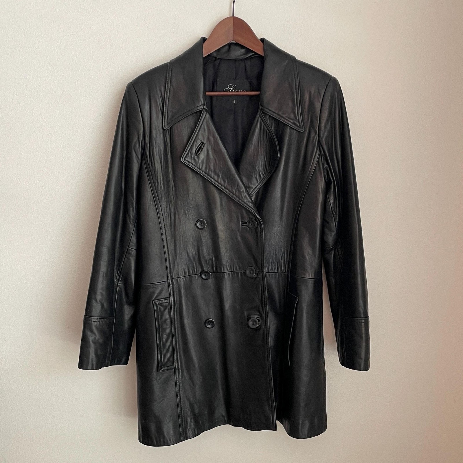 Vintage 90s Black Genuine Leather Coat Small Double Breasted Trench Grunge Goth