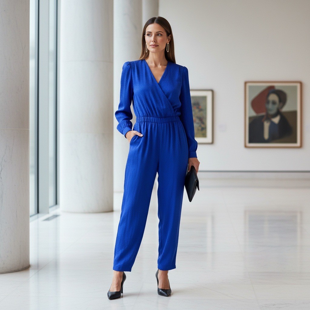 Nora Noh 100% Silk Jacquard Jumpsuit Wrap Front 6 Royal Blue 80s Vintage Elegant