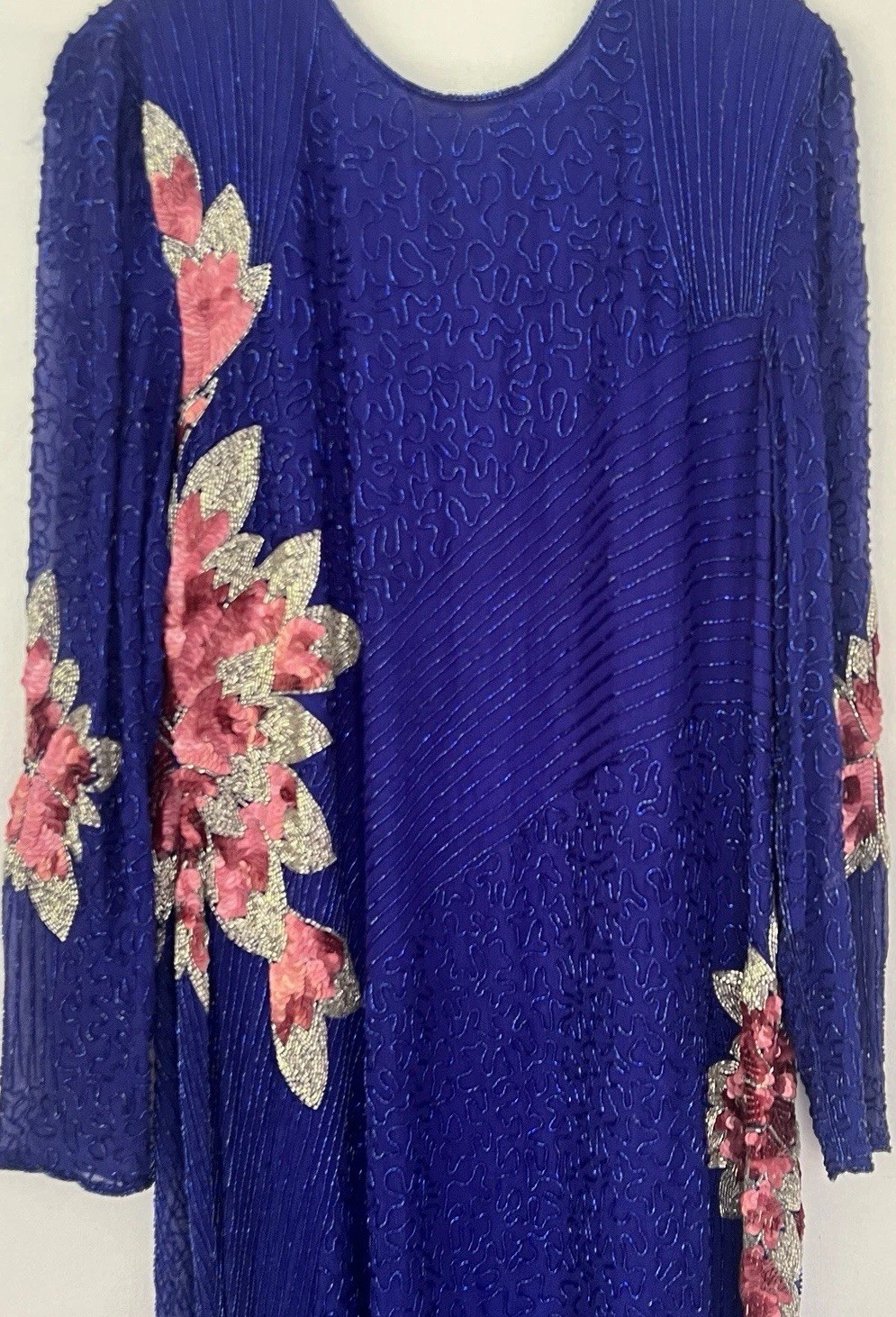 Vintage 80s Cobalt Blue Pink Silk Beaded Floral Maxi Duster Jacket Sequin