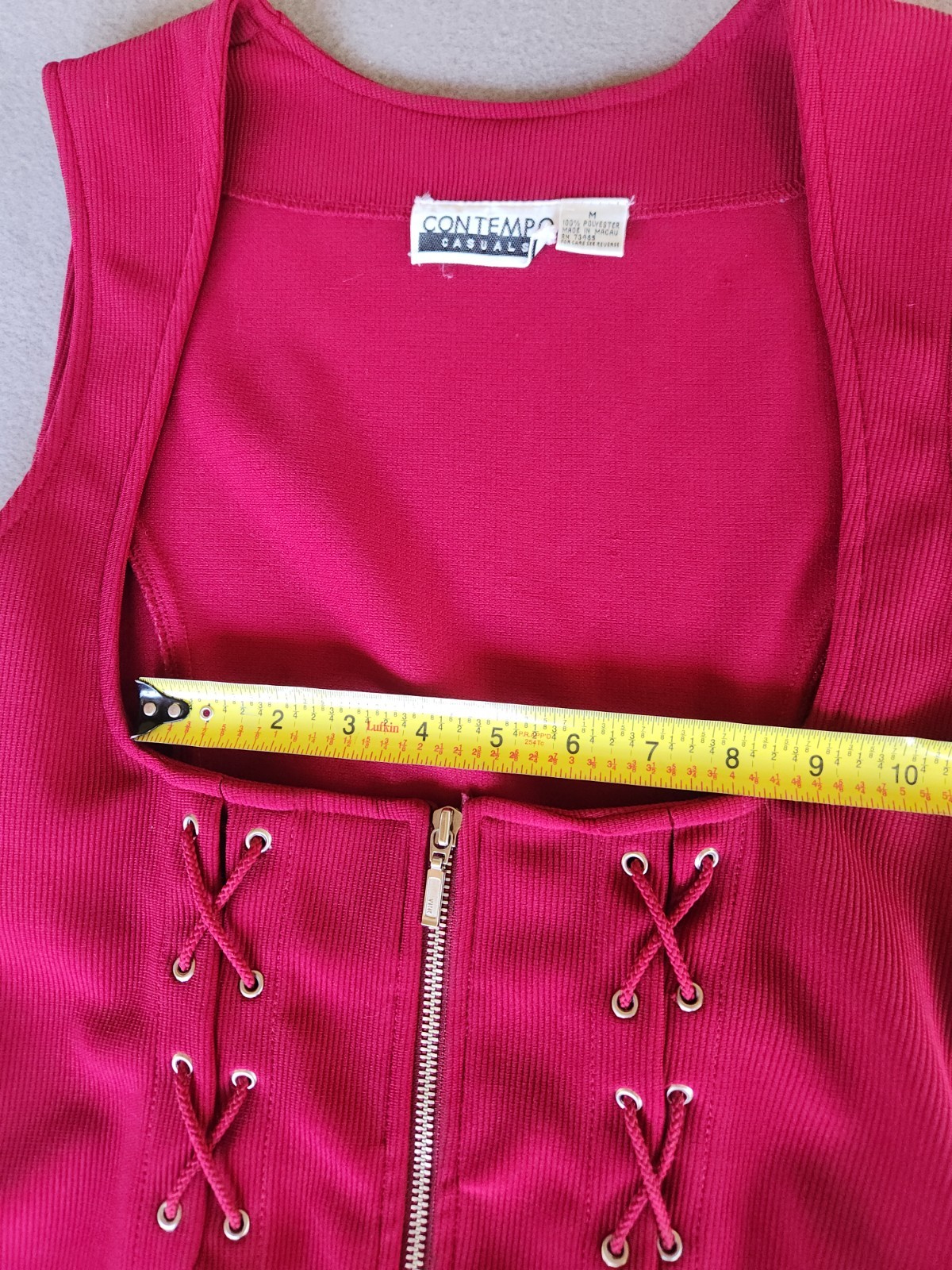 Vtg 90s Contempo Casuals Red Corset Lace Up Zip Front Ribbed Top Vest Womens M