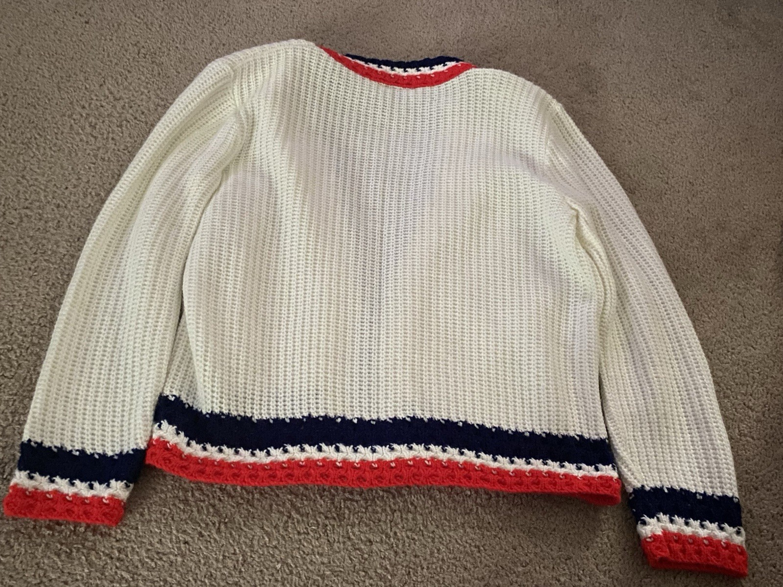 Orlon Acrylic Vintage White Knit Cardigan with Red & Blue Stripe Trim