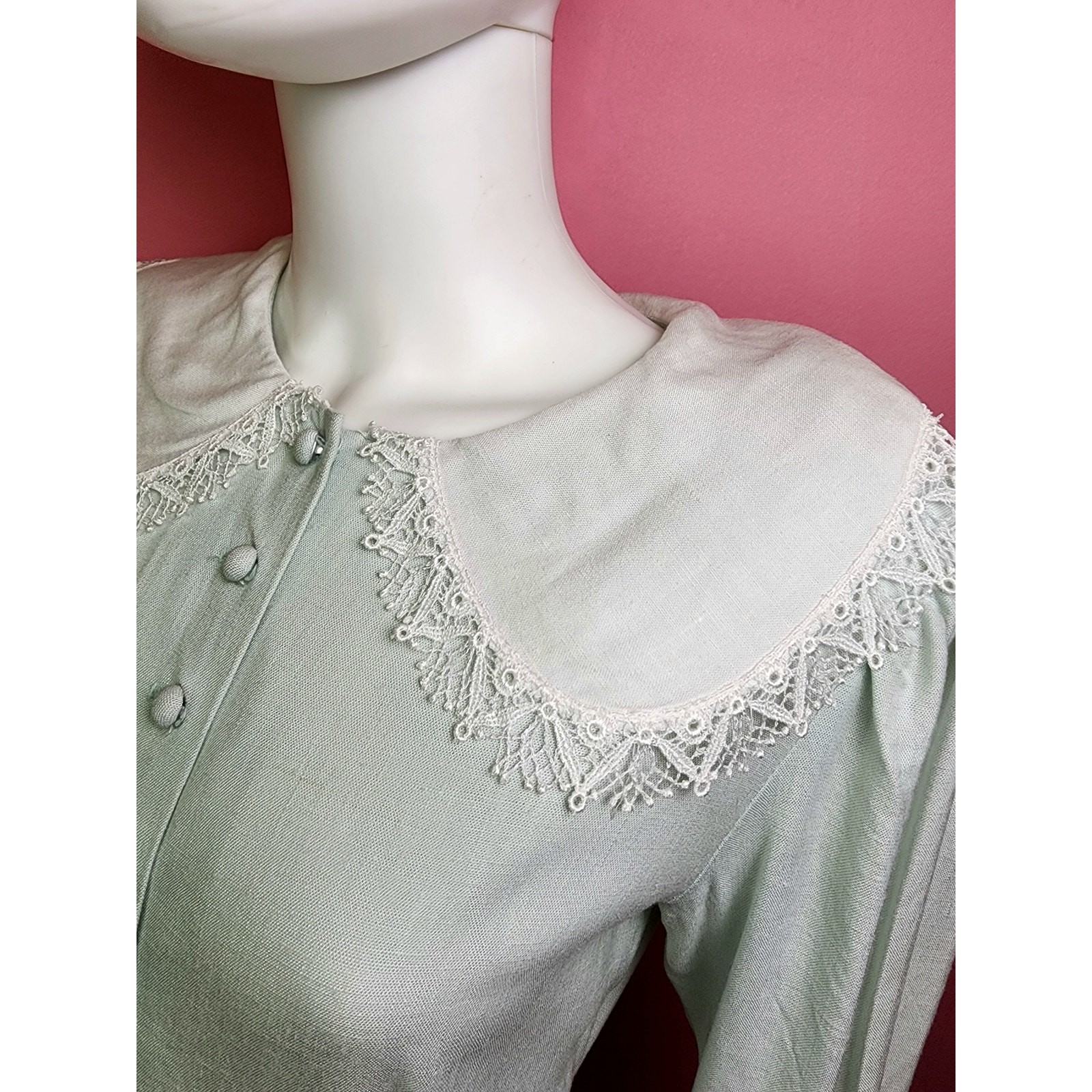 Vintage 1990’s Lanz Originals Seafoam Mint White Lace Collar Button Up Dress