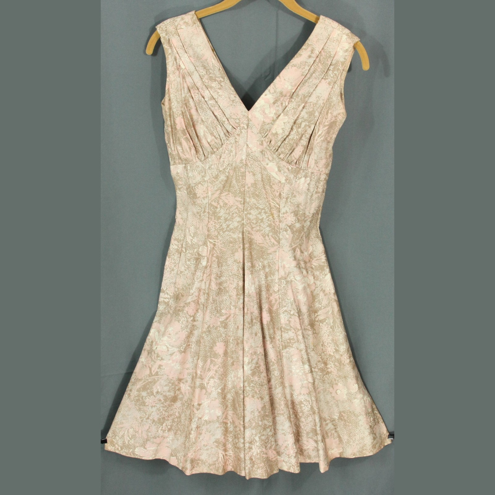 Vintage Pink and Beige Floral Satin Fit Flare Mod Party Cocktail Dress S 1960s