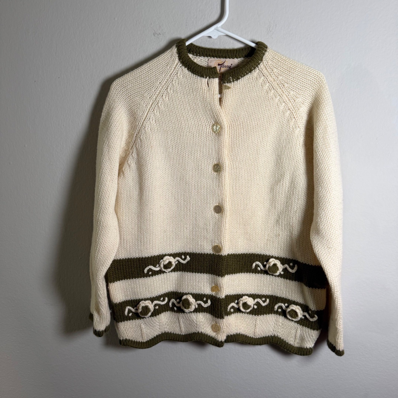Vintage Tanni Wool Cardigan Sweater Cream Green 3D Floral Embroidery Hong Kong