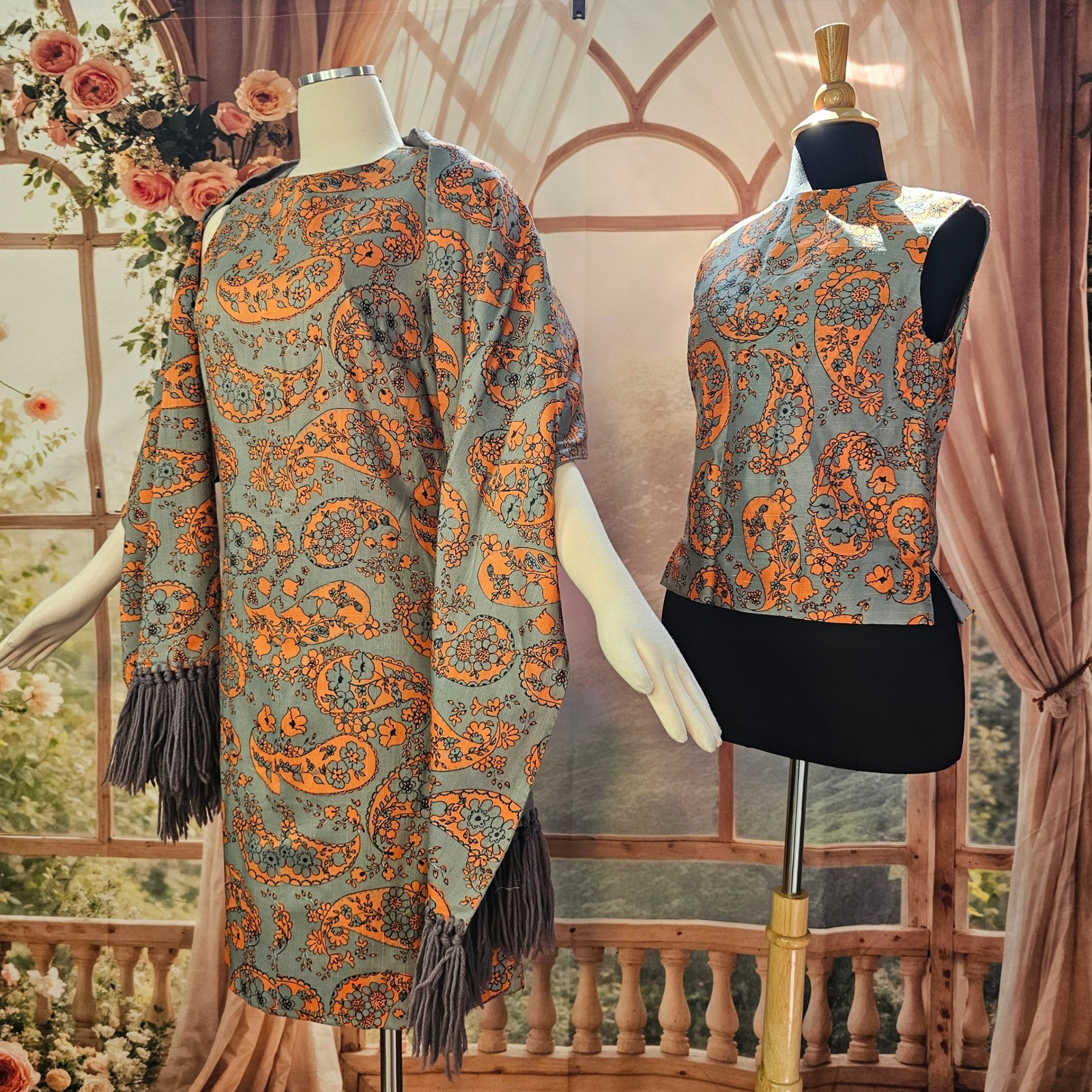Vintage 1960s Paisley Dress Set Shift Top Blouse Fringed Shawl Grey Orange Mod