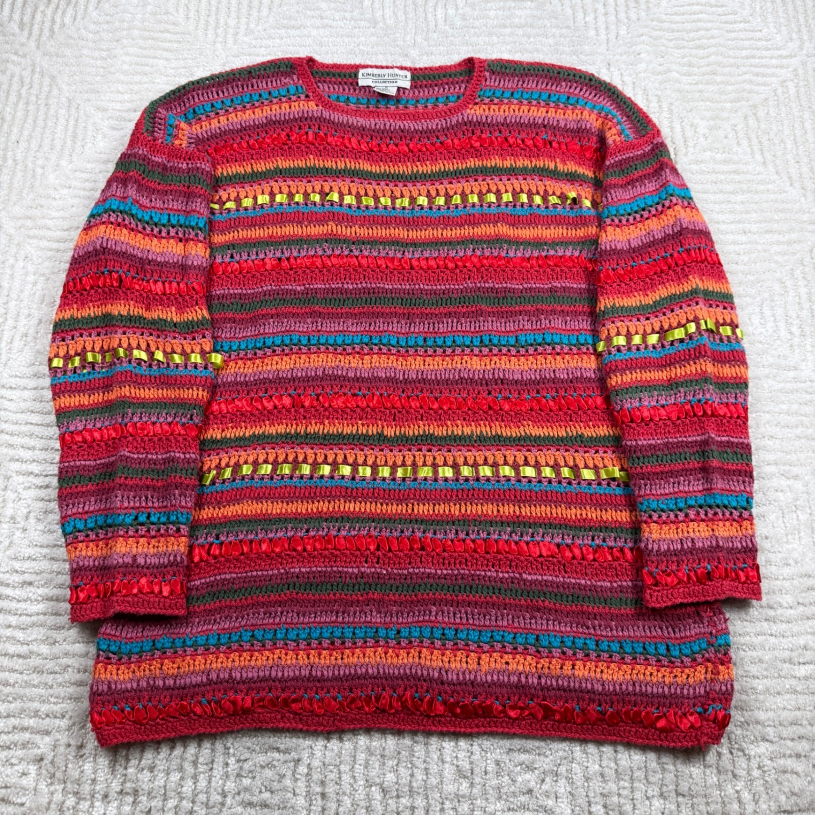 VTG Kimberly Hunter Crochet Sweater Women M Stripe Bohemian Y2K BohoResort 90’s
