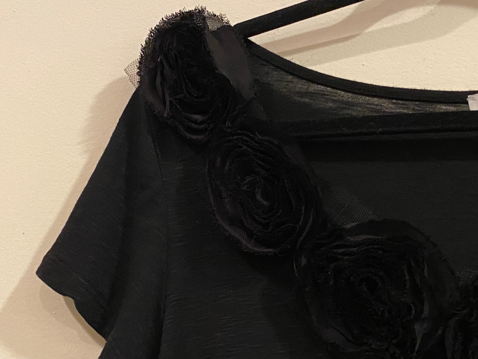Vintage Forever Fashion Black Polyester & Spandex Top w/Black Rose Decoration -L