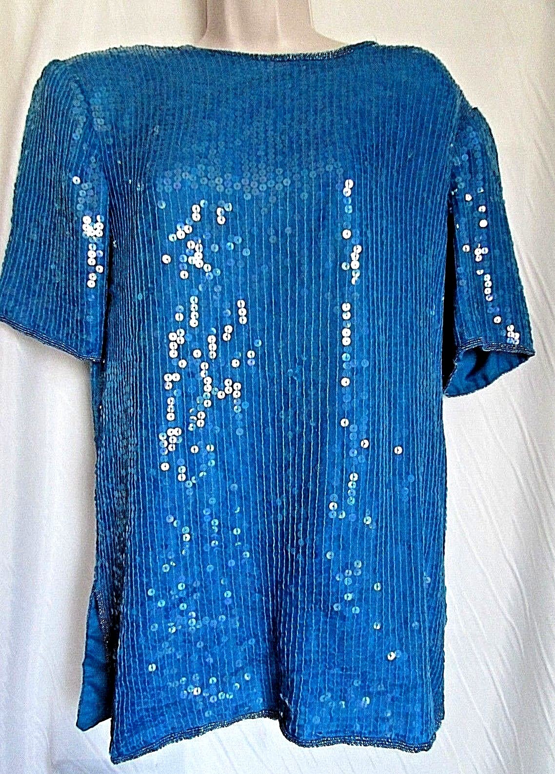 Vintage Jean for Joseph Le Bon Turquoise Sequin Short Sleeve Blouse Size M