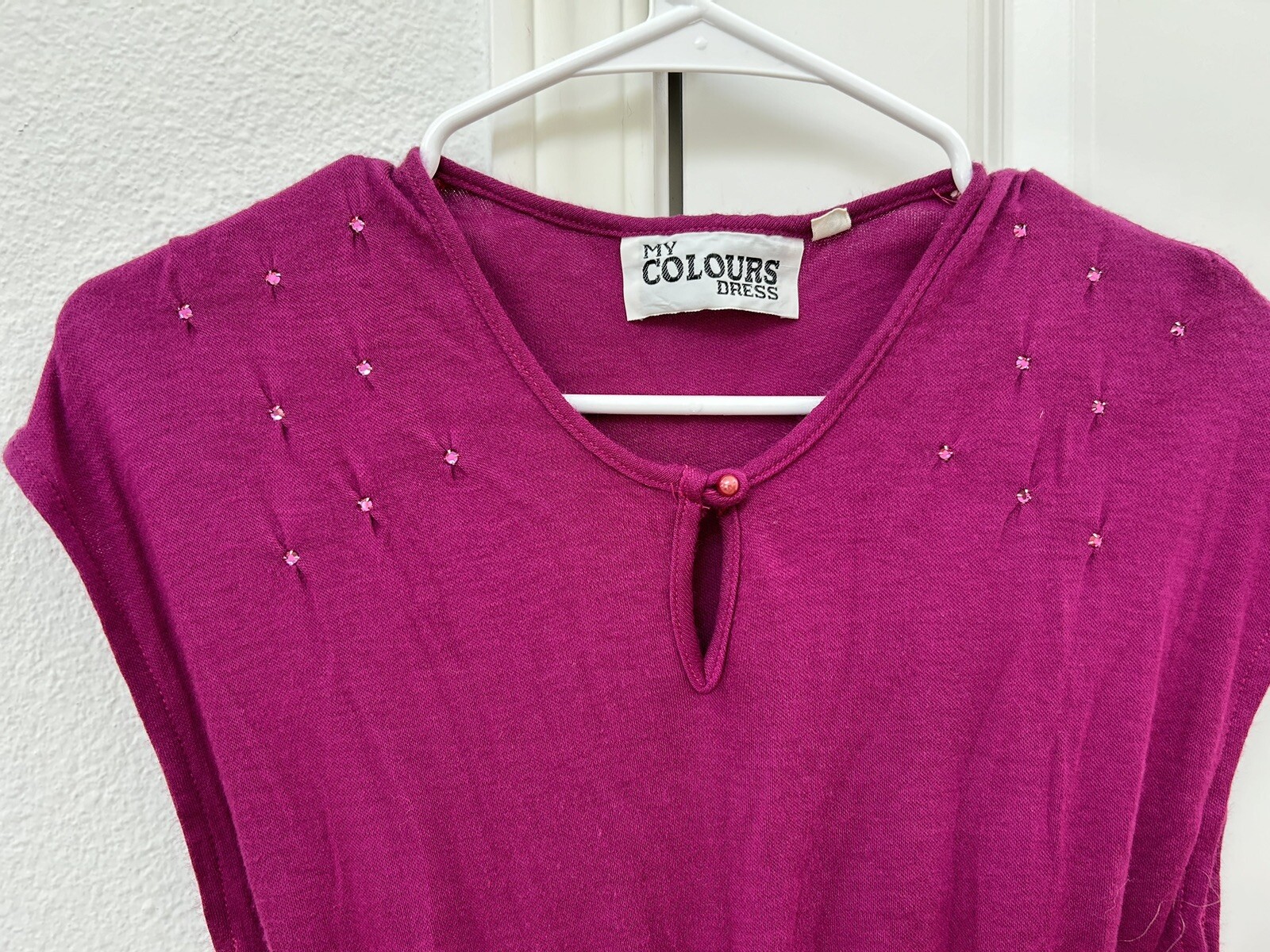 VINTAGE Stretch Waist Knit Dress Sparkle Shoulder Detail S/M BOLD Purple Color