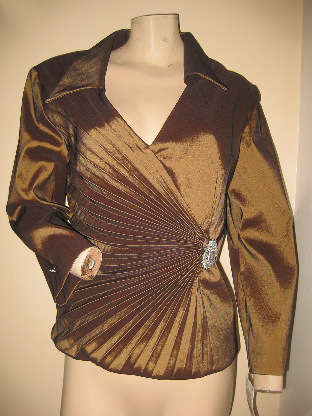 NWT Vintage 80s Glam Metallic Bronze Brown Rhinestone Brooch Evening Top L/XL