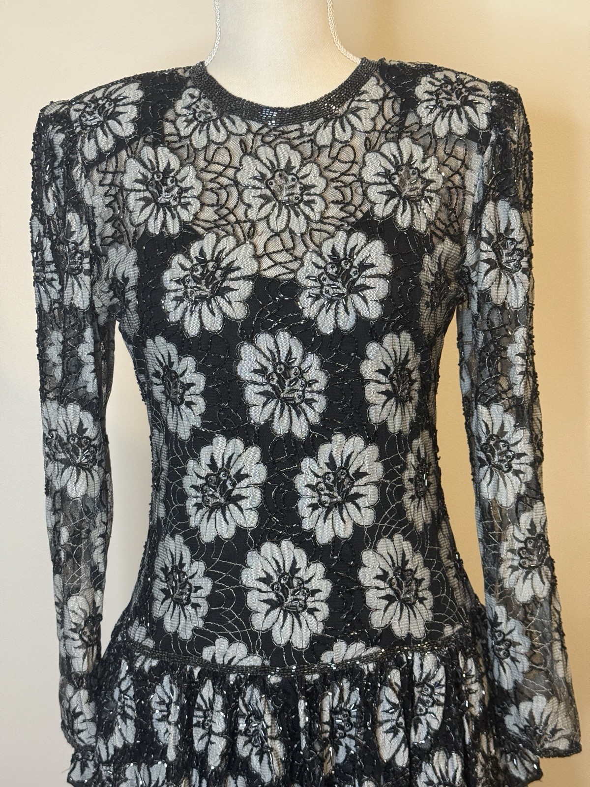 Vintage Judith Ann Creations Beaded Long Sleeve Ruffled Dress Floral Sz S