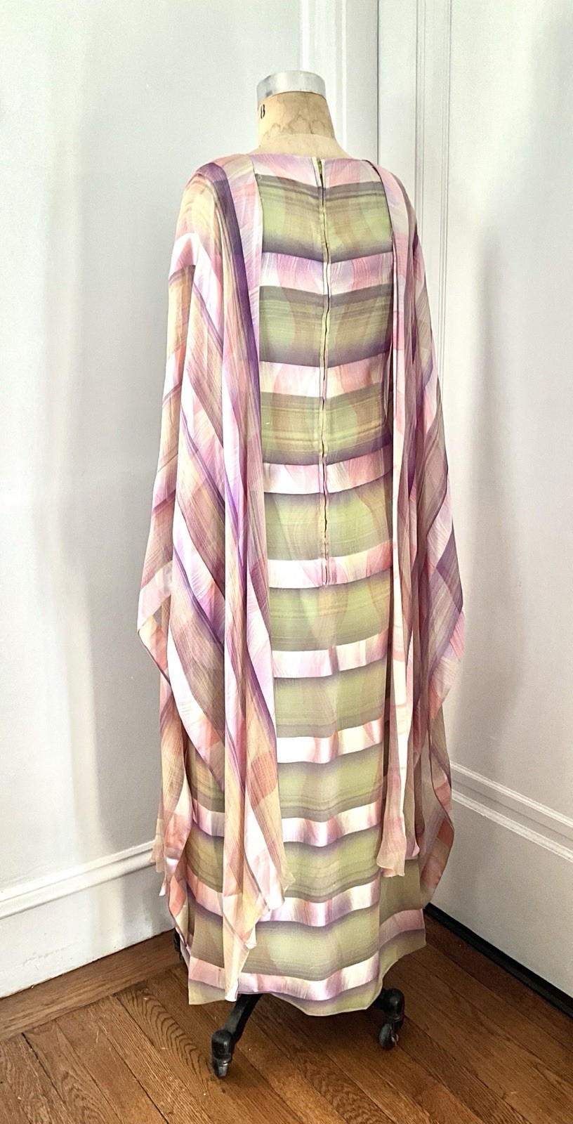 Vintage 1976 Jean Hercey Pink and Celadon Silk Combed Chiffon Dress