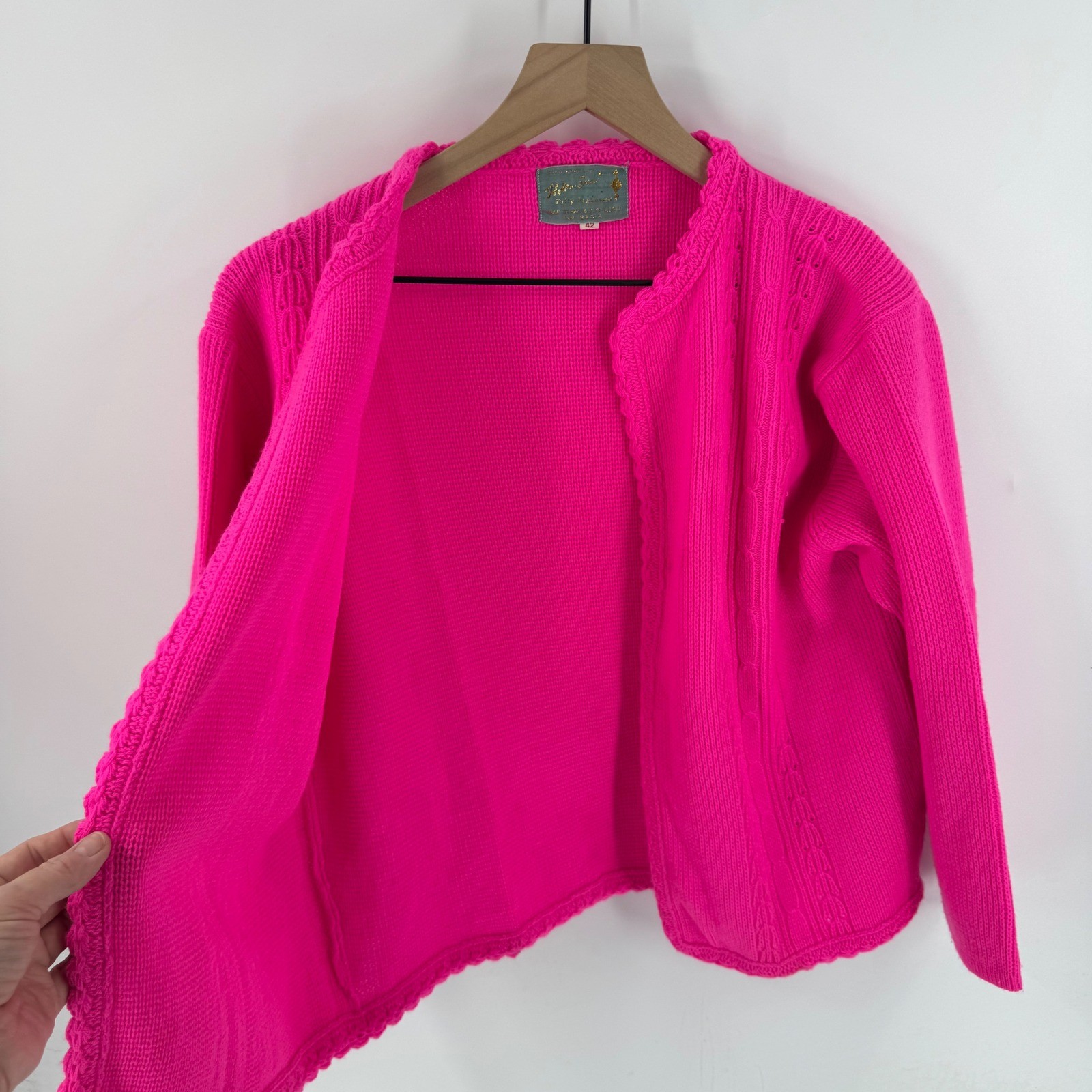 Vintage Helen Sue Hot Pink Open Cardigan Scalloped Trim Knit Size L Vibrant