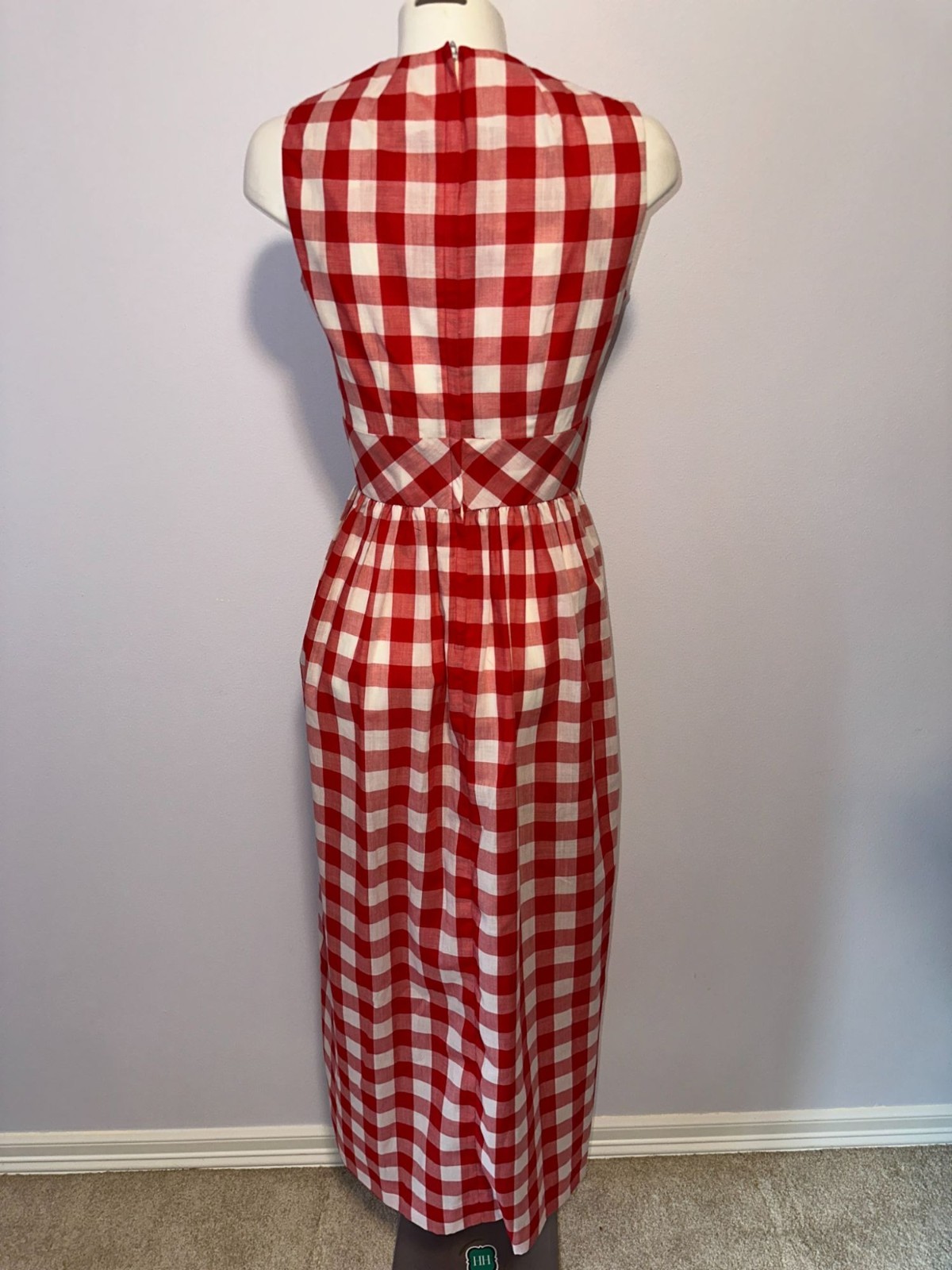 Vintage 70s Red Gingham Maxi Dress Concept Swirl Umbrella Applique Picnic 10