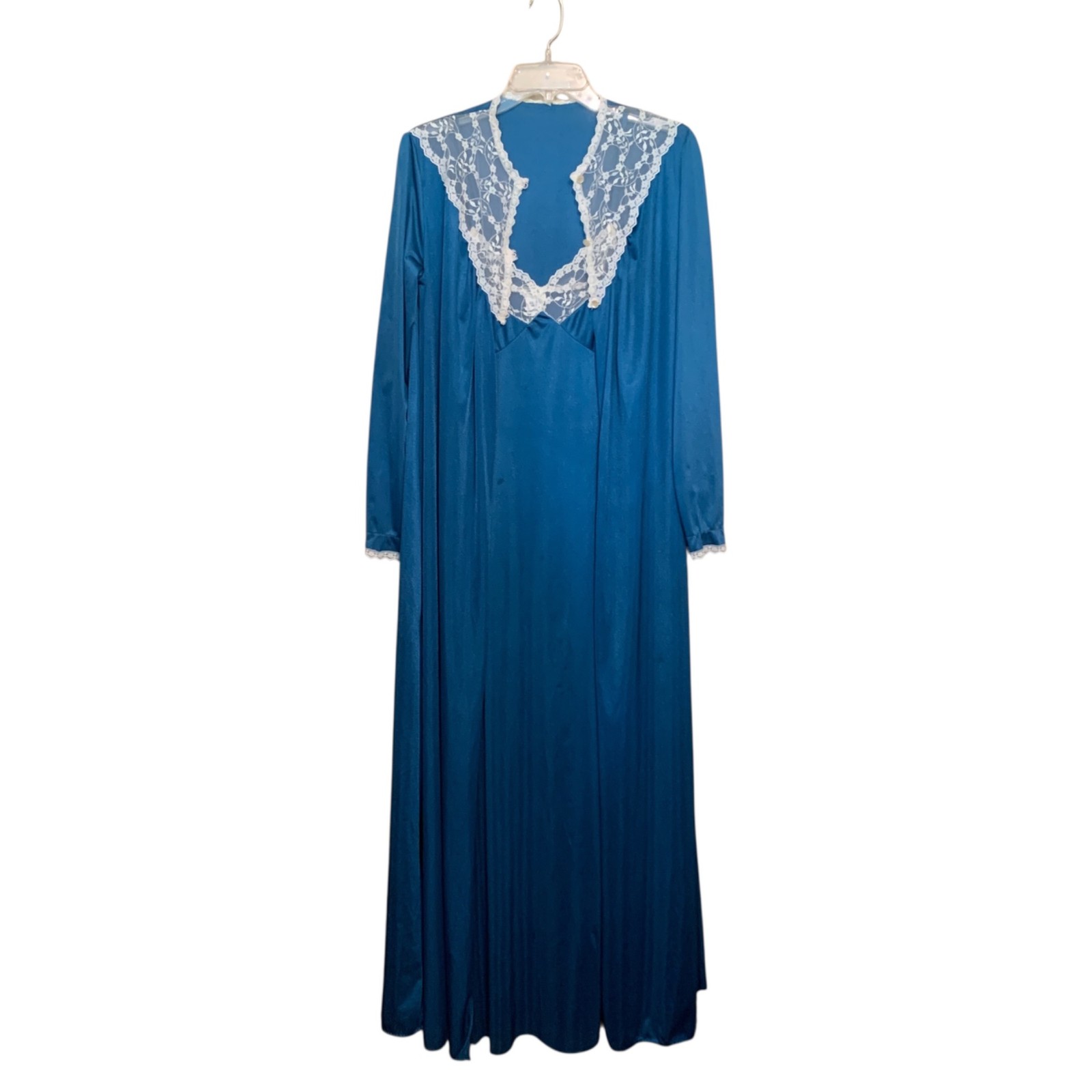 Vintage Stardust Long Teal Nightgown & Robe Set Lace Trim Modest 100% Nylon Sz M
