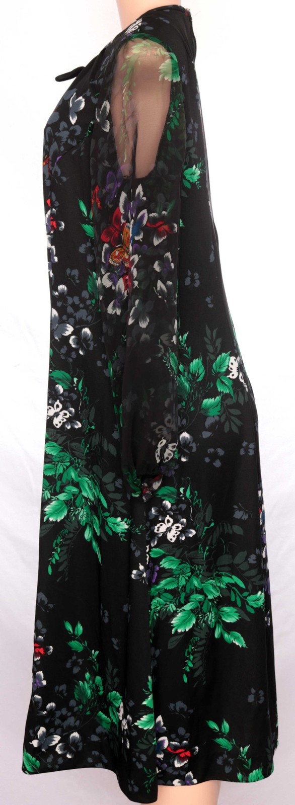 1970s Vintage Dress Black Floral Gothic Green Witchcore Boho Fall Sheer Sleeve L