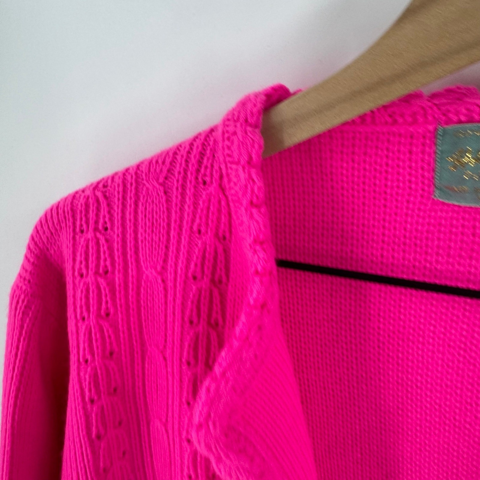 Vintage Helen Sue Hot Pink Open Cardigan Scalloped Trim Knit Size L Vibrant