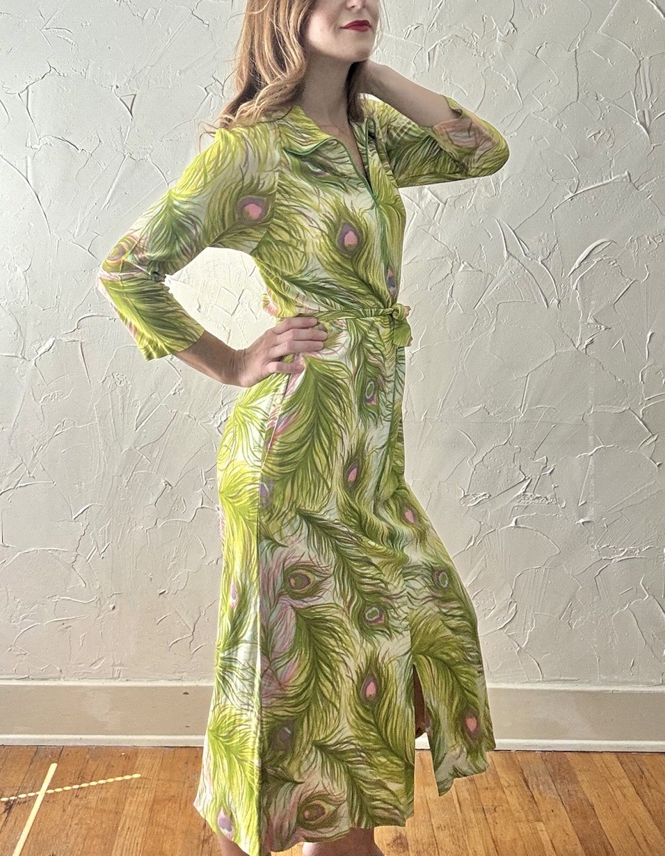Vintage Early 1970s Peacock Feather Print Jersey Lounge Dress Paulette