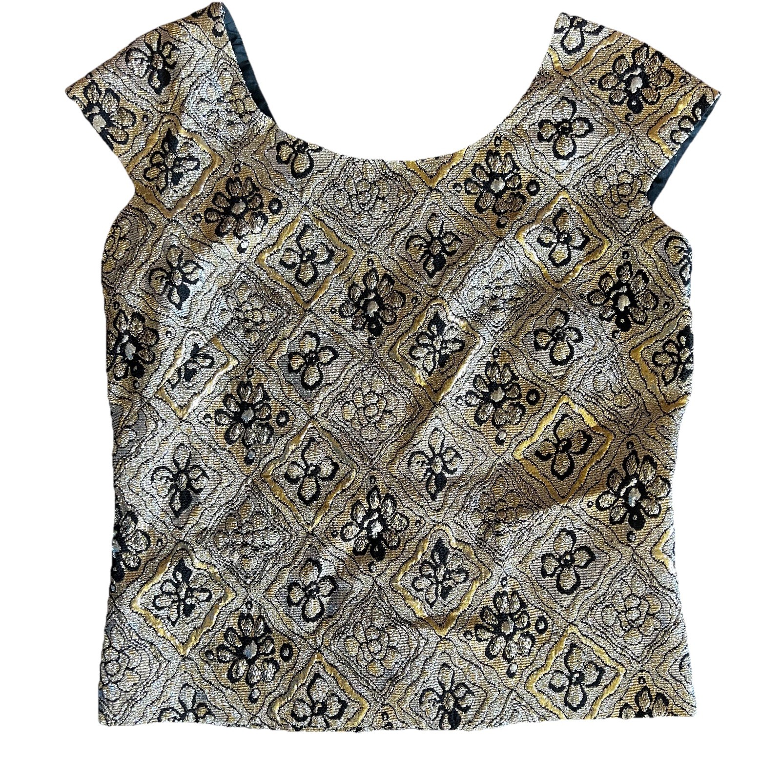 1960’s Vintage Gold Brocade 2pc Dress Skirt Top Sleeveless Geometric Size Small