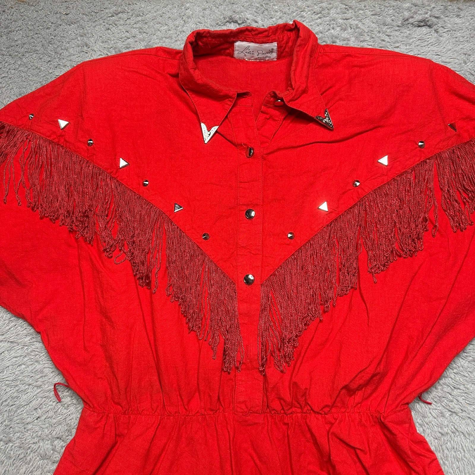 Vintage Western Dress Womens L Red Fringe Tassel Rodeo Square Dance