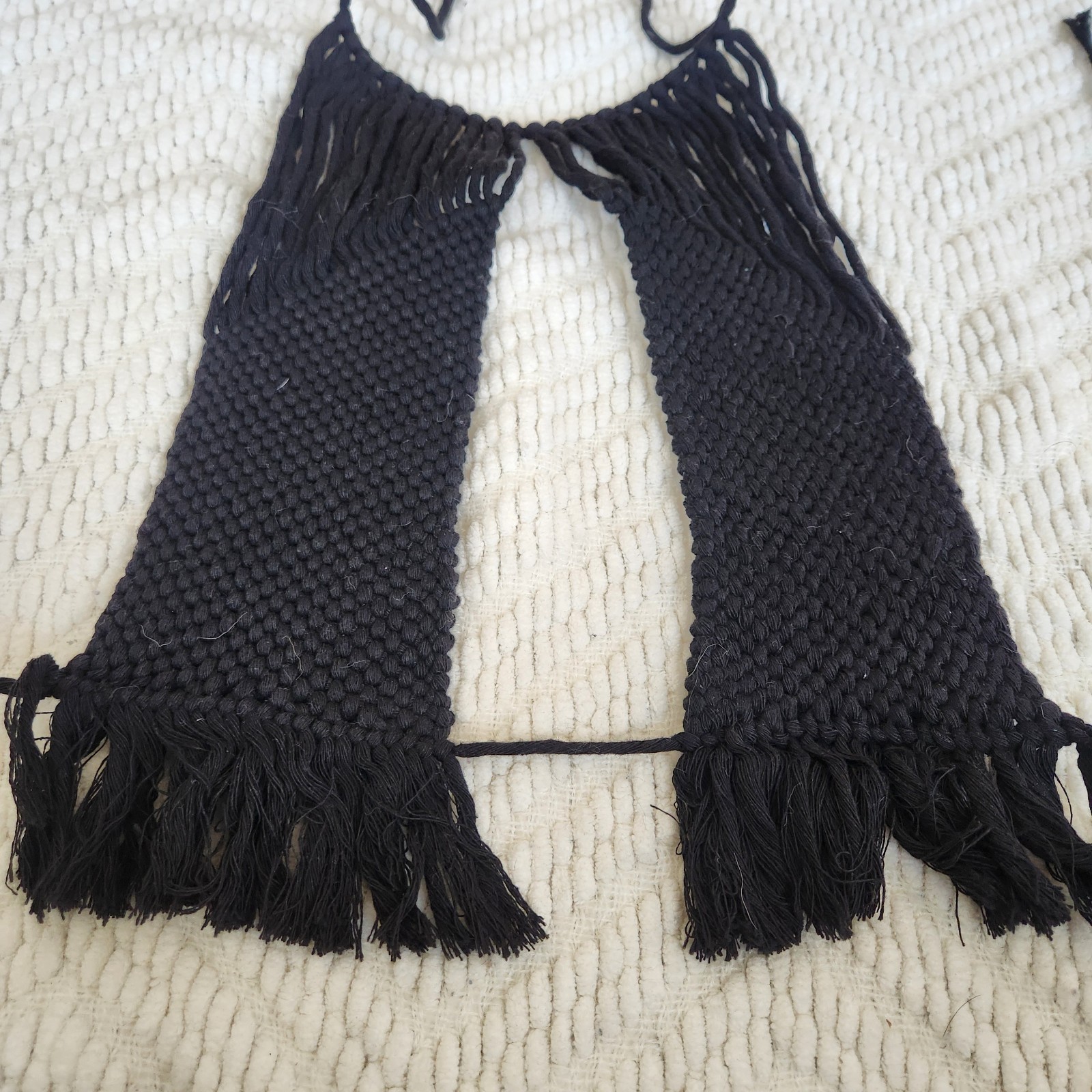 Lior Black Macramé Halter Top Sz S/M Fringe Hem Boho Festival Concert Shirt